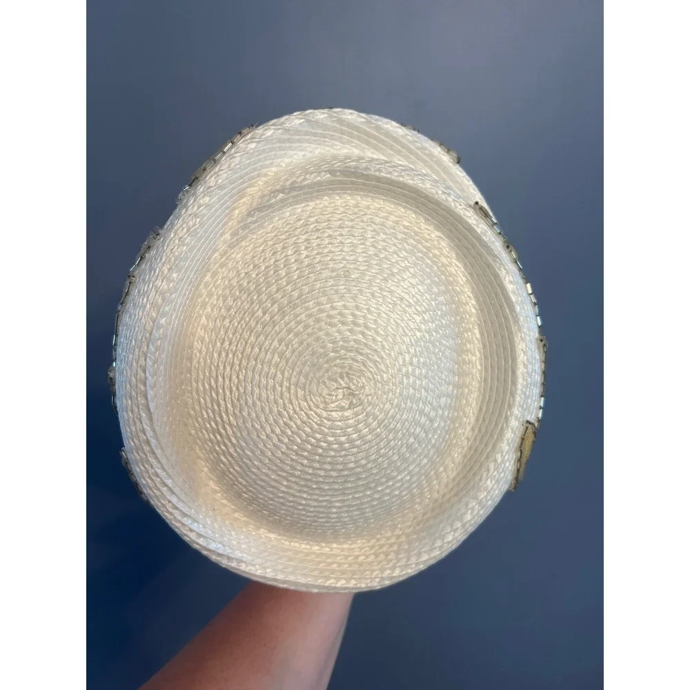 Vintage Woven White Pill Box‎ Hat W Sequin Pattern Elastic Strap 50s/60s Elegant